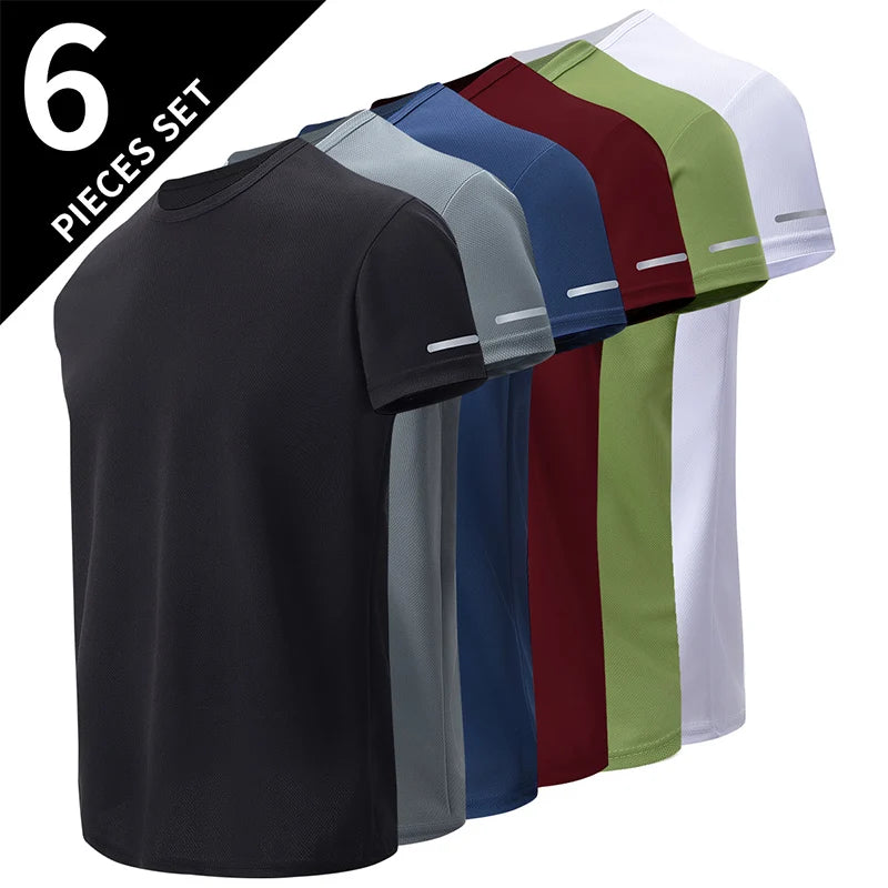 2/4/6-Pcs Four Seasons Men's Solid Color Round Neck Short Sleeve Top With Printed Cuffs Youth Sports And Leisure Fashion T-Shirt