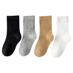 Four pairs of children's socks for spring and autumn, striped versatile style, mid-calf socks with a school style.