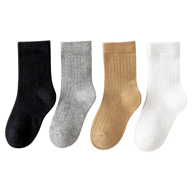 Four pairs of children's socks for spring and autumn, striped versatile style, mid-calf socks with a school style.