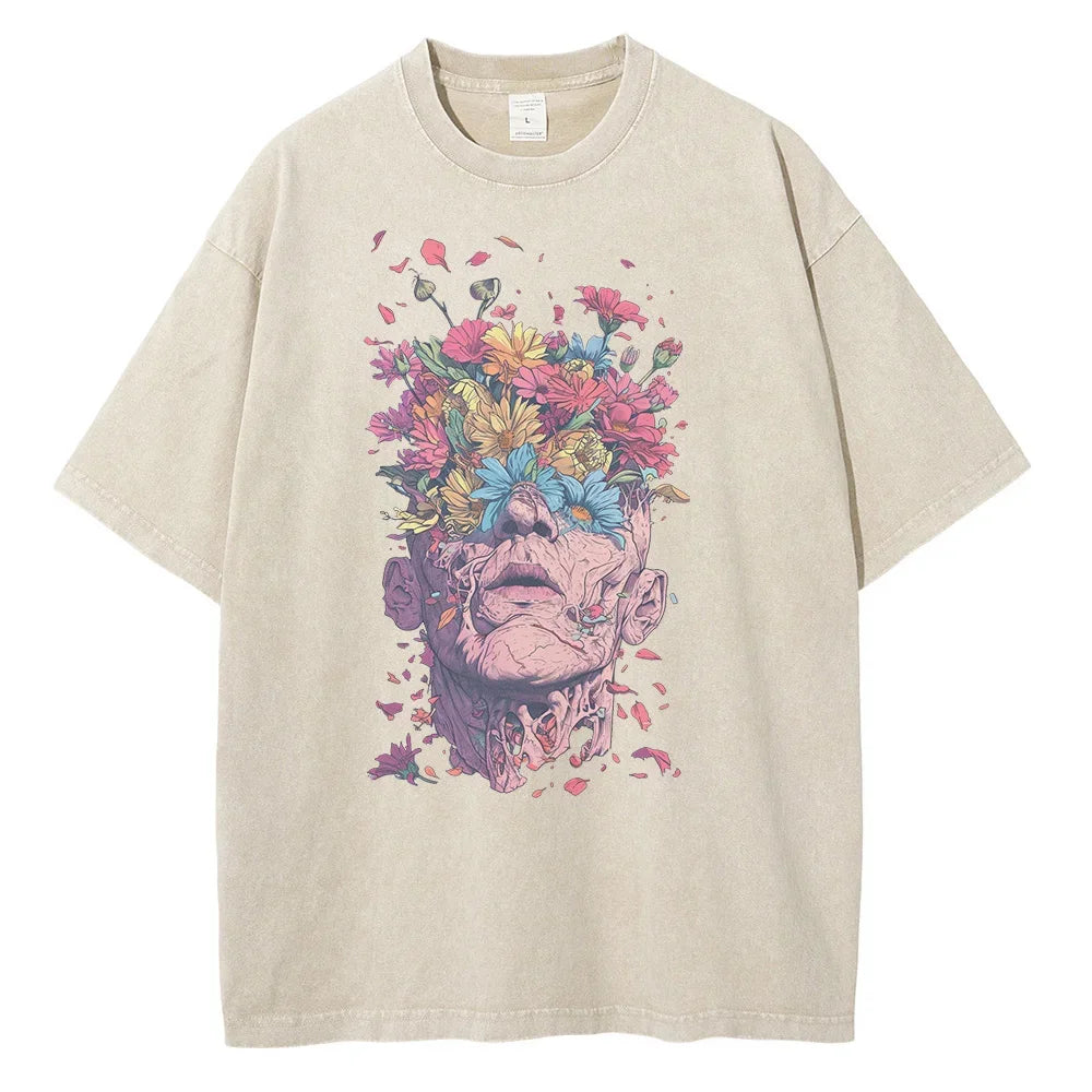Heavyweight Pure Cotton T Shirts Flowers Emerging Out of Human Eyes and Heads Graphic T-shirts Vintage Van Gogh Style Mens Tops
