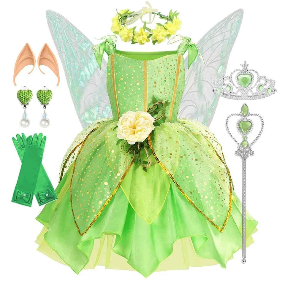 Girls Tinkerbell Fairy Costume – Green Princess Dress Outfit