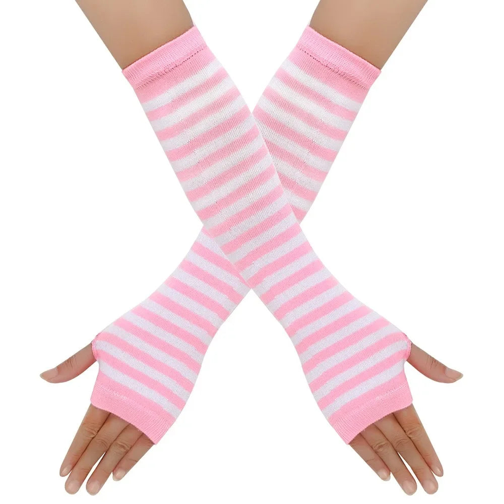 Warmer Knitted Long Fingerless Gloves Elbow Mittens Christmas Acces Gift Fashion Women Emo Gloves Lady Striped Elbow Gloves