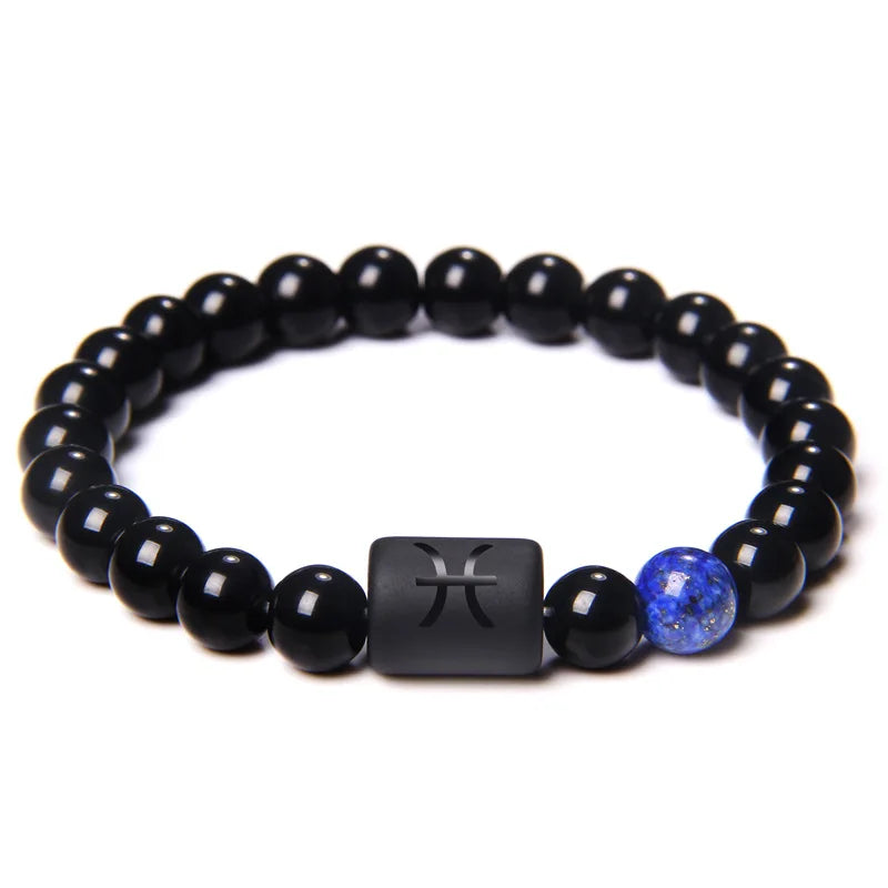 12 Constellation Zodiac Signs Beads Couples Bracelet Natural Black Onyx Stone Elastic Charm Bracelet for Women Men Birthday Gift