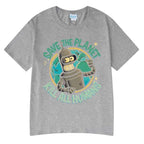 Funny Save The Planet Kill All Humans Robot Graphic Print T Shirt Men's Women Fashion Short Sleeve T-shirt Oversized Cotton Tees