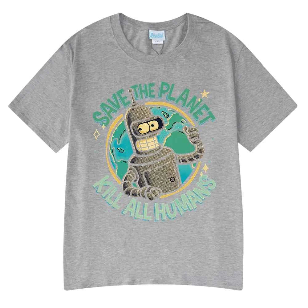 Funny Save The Planet Kill All Humans Robot Graphic Print T Shirt Men's Women Fashion Short Sleeve T-shirt Oversized Cotton Tees