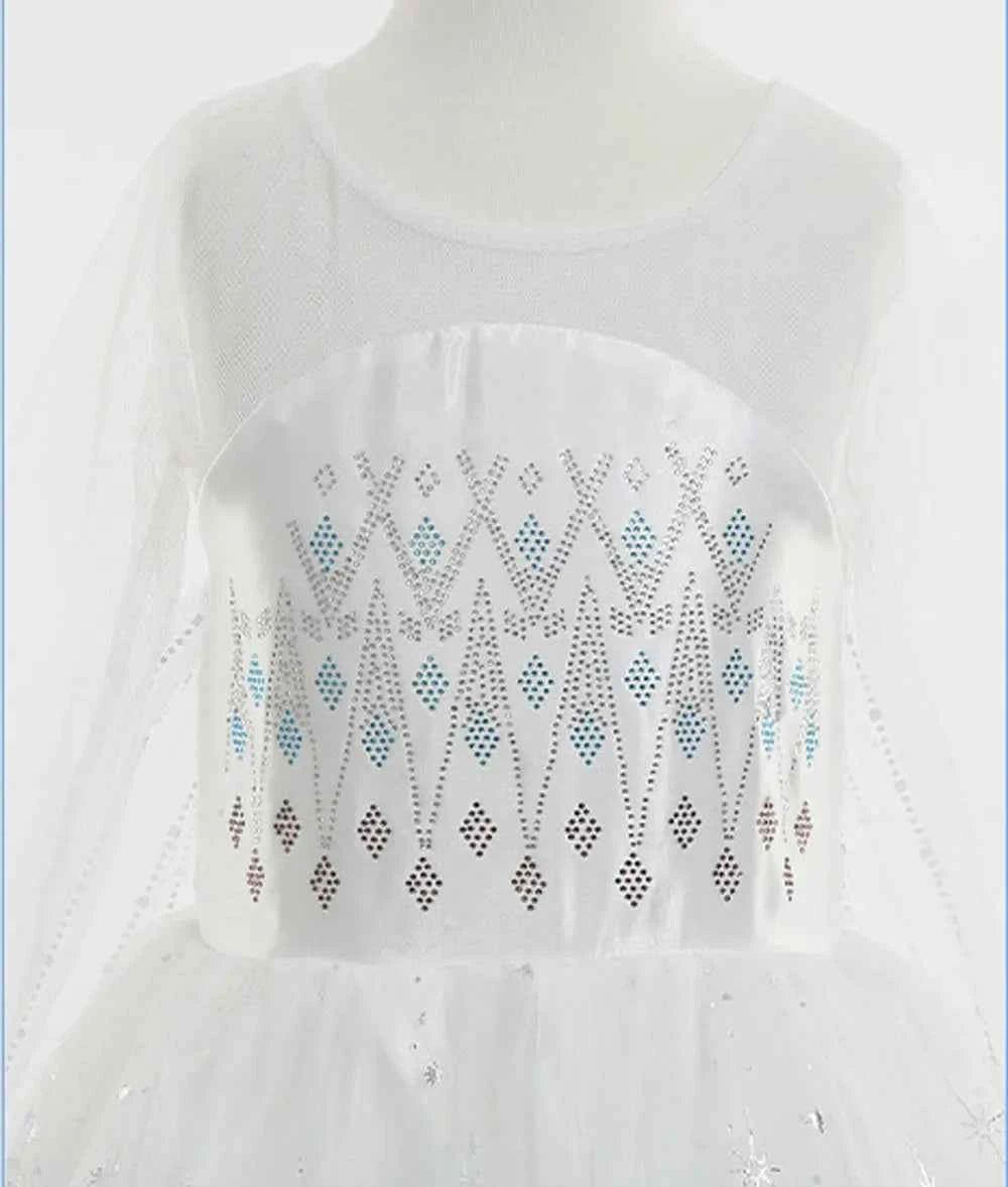 Disney Elsa Princess Dress For Girl White Printed Long-Sleeved Lace Dress Festive Party Gift Set Frozen Dress Fire Spirit Olaf