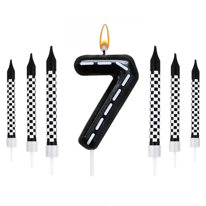 7Pcs/set Racing Cars Birthday Number Candles Black White Checkered Themed Cake Topper Kids Boys Birthday Party Decoration Favors