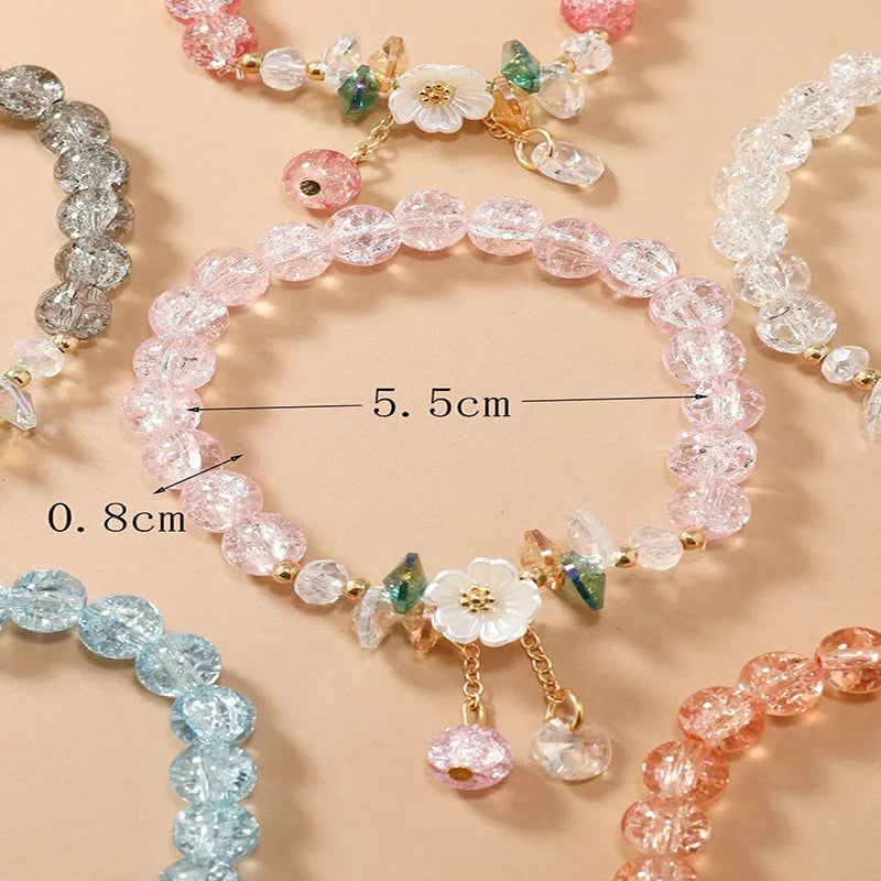 6pcs/set Colorful Popcorn Crystal Beaded Women Bracelet Daisy Flower Pendant Fashion Bracelet Mom Girlfriend Valentine's Day Gif