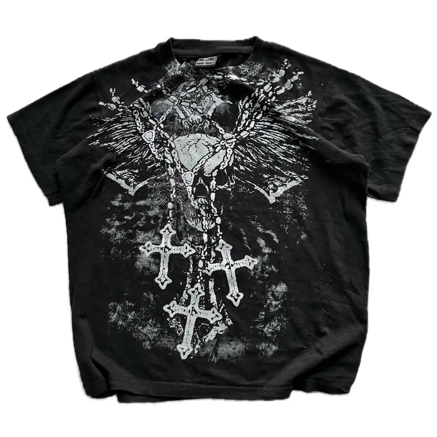 MMA ELITE Cross Skull Print Green Y2K T Shirt Men Loose Fit Streetwear Graphic Tee Oversized Glow Dark Party Ins Popularity Tops