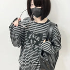 American Punk Vintage O Neck Long Sleeve Shirts All-Match Striped Design Harajuku Embroidery Tops Y2k Aesthetic High Street Tees