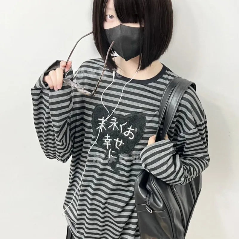 American Punk Vintage O Neck Long Sleeve Shirts All-Match Striped Design Harajuku Embroidery Tops Y2k Aesthetic High Street Tees