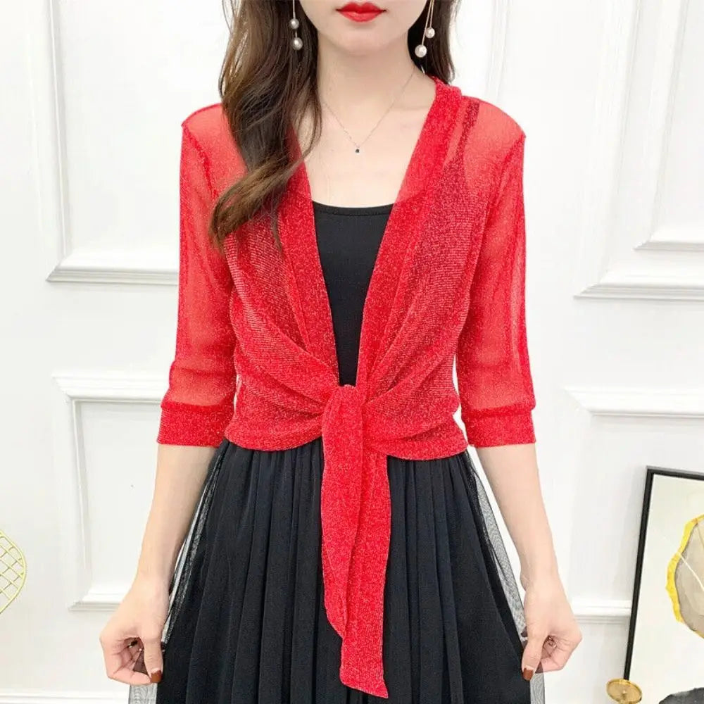 Glitter Tie Up Open Front Shrug Ladies Shawl Cropped Beach Summer Sun Protection Clothing Air-Conditioning Shirt