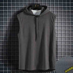 Men's lace up hooded sleeveless vest, men's summer loose solid color hip-hop T-shirt top, sports vest