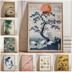 Japanese Crane Wall Art Red Sun Pine Tree Vintage Poster