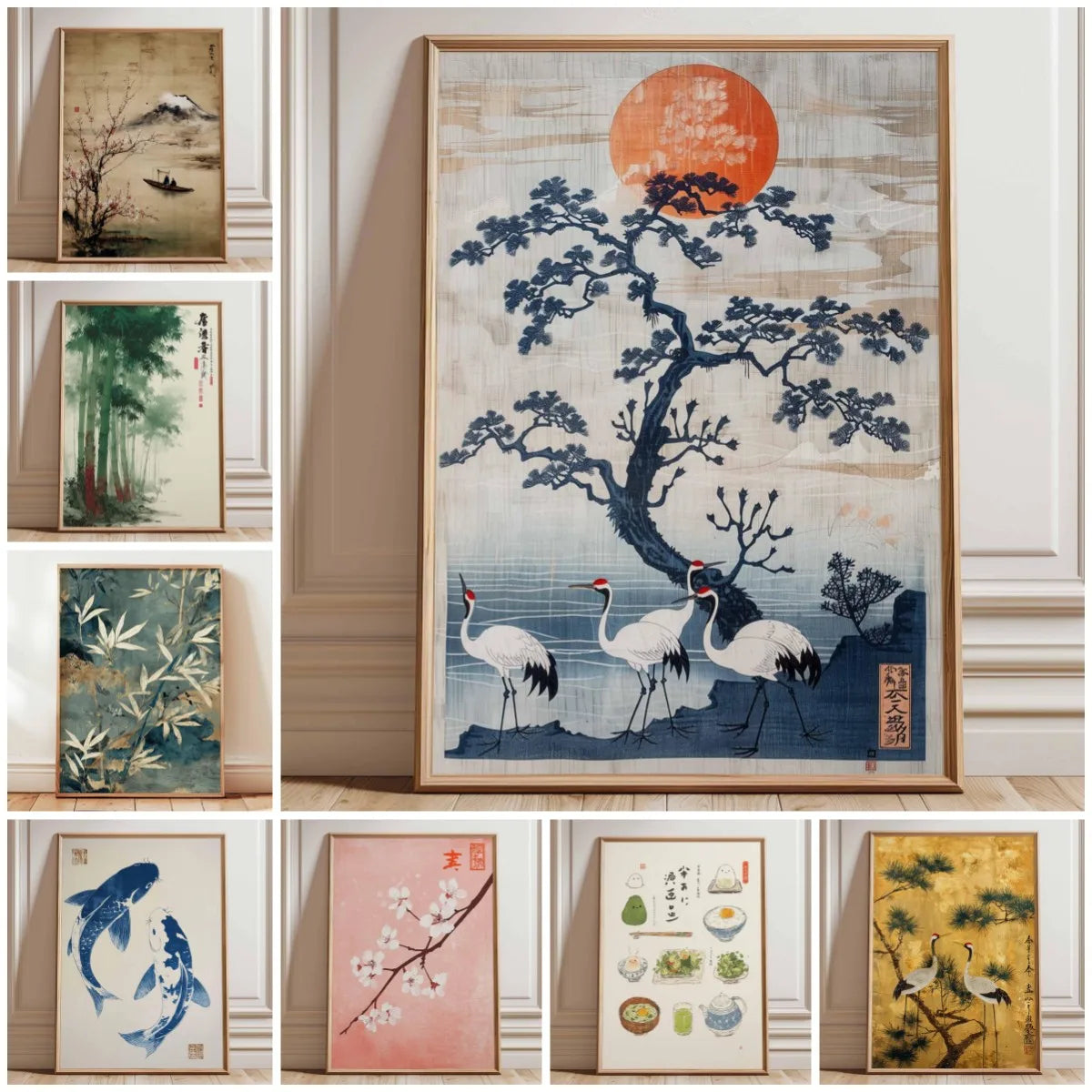 Japanese Crane Wall Art Red Sun Pine Tree Vintage Poster