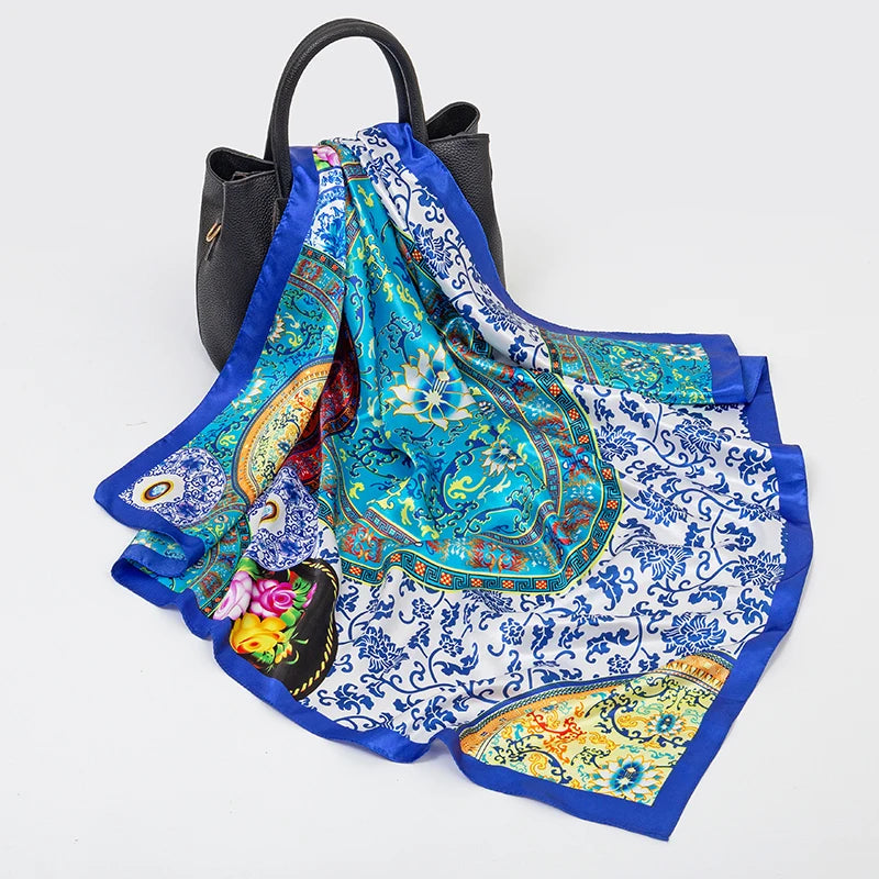 Fashion Square Silk Scarf Women Luxury Brand Satin Print Hijab Scarves Pareo Bandana Female Shawl Wrap Headband Foulard 90*90cm