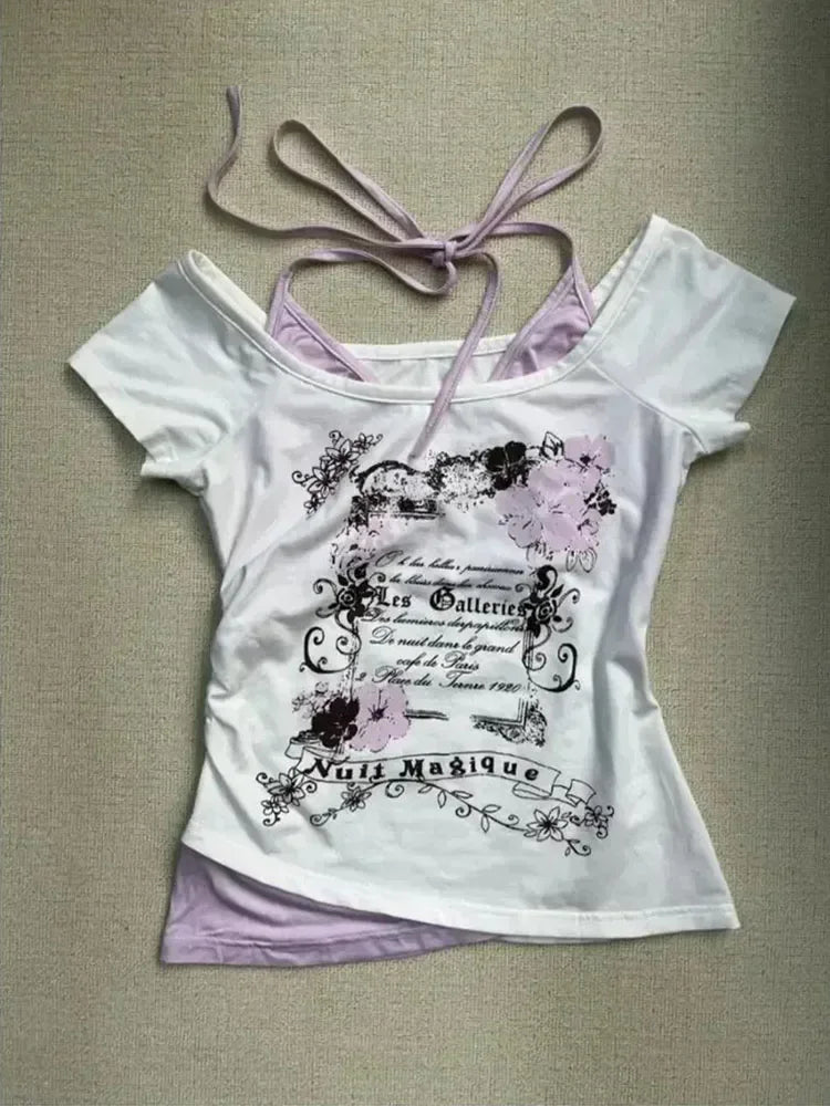 2026 Summer Vintage Fake Two Piece Halter Lace Up T-shirts Y2k Slim Fit Print Tops Women Off Shoulder Short Sleeve Tee Shirt