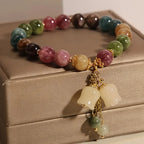 Bohemian Multicolor Gemstone Bracelet, Beaded Tassel Pendant Hand Chain with Golden Spacers, Elegant Colorful Jewelry Gift for Women, Daily Party Wear