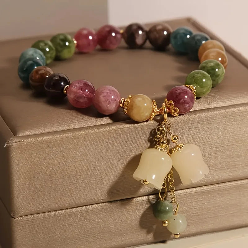Bohemian Multicolor Gemstone Bracelet, Beaded Tassel Pendant Hand Chain with Golden Spacers, Elegant Colorful Jewelry Gift for Women, Daily Party Wear