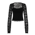 SUCHCUTE Lace-trimmed Patchwork Long-sleeve Tees Women Square Neck See-through Back Top Y2k Aesthetic 90s Sexy T-shirts Vintage