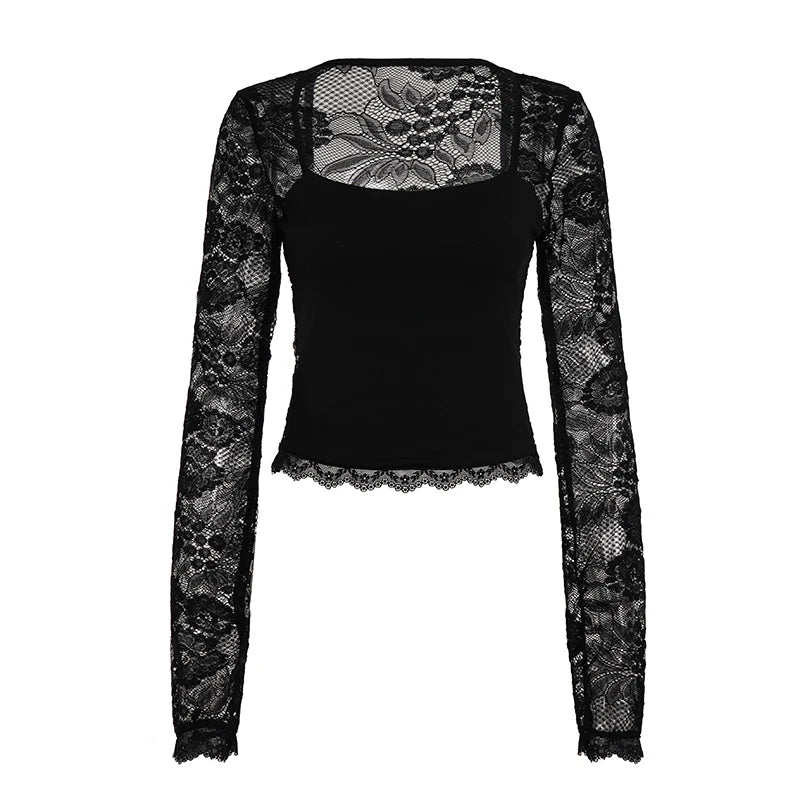 SUCHCUTE Lace-trimmed Patchwork Long-sleeve Tees Women Square Neck See-through Back Top Y2k Aesthetic 90s Sexy T-shirts Vintage