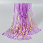 Elegant Peacock Printed Hijab Gold Glitter Polyester Scarf For Woman Solid Color Shawls Summer Sun Protection Headband 170*60cm