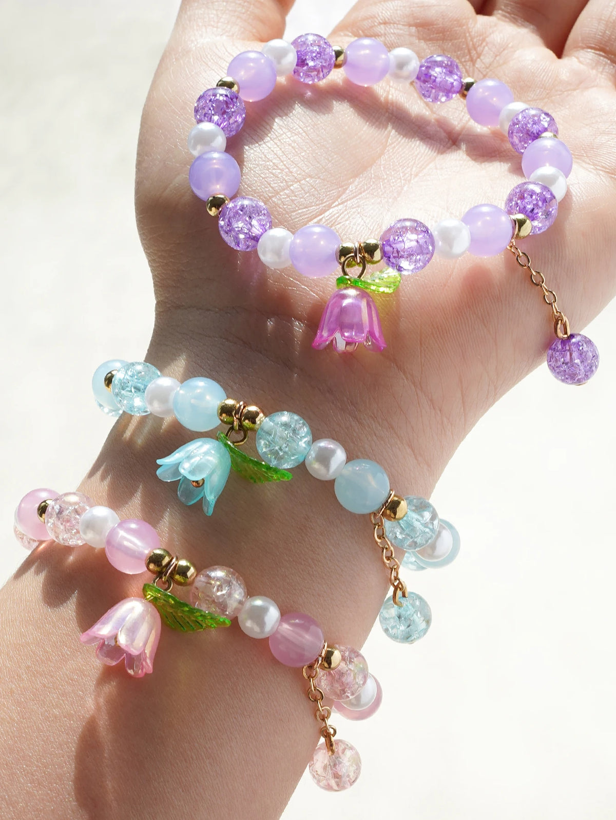 3Pcs/set Lily of the Valley Bellflower Charm Bracelet Set, Colorful Bead Elastic Bracelets with Flower Pendant for Girls