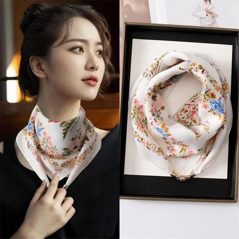 Luxury Magnetic Buckle Silk Scarf Women Print Square Scarf For Autumn Winter Warmth And Cold Resistance Fashionabl Scarves