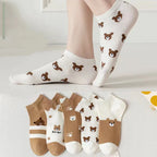 5 Pairs/Lot Socks Women's Short  Ankle Low Cut No-Show Foot Cute Bear Hearts Print  School Cotton  Breathable Set Casual Retro