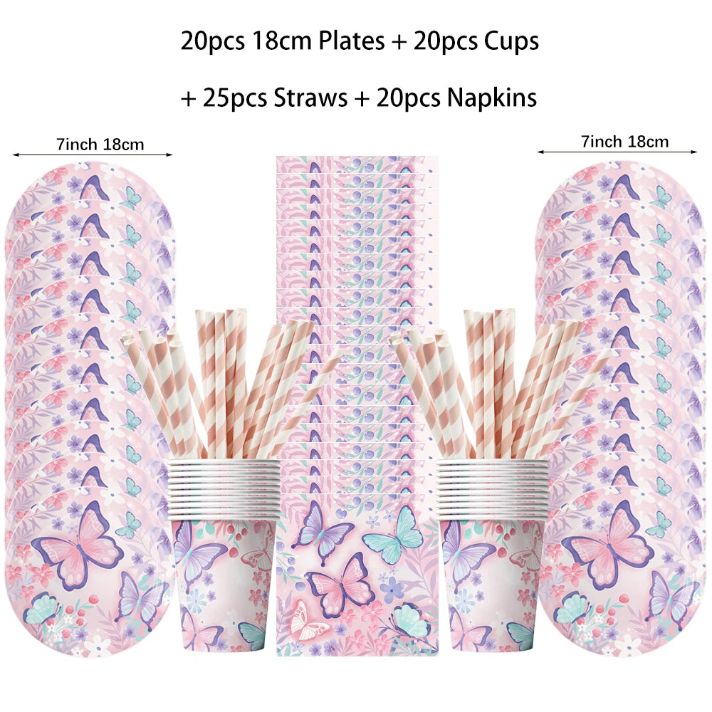 Butterfly Fairy Birthday Party Tableware Set – Pink Disposable Plates, Cups, Napkins & Tablecloth | Girls Party Decorations & Supplies