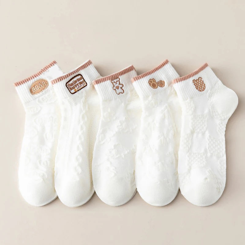 5 Pairs/Lot Socks Women's Short  Ankle Low Cut No-Show Foot Cute Bear Hearts Print  School Cotton  Breathable Set Casual Retro
