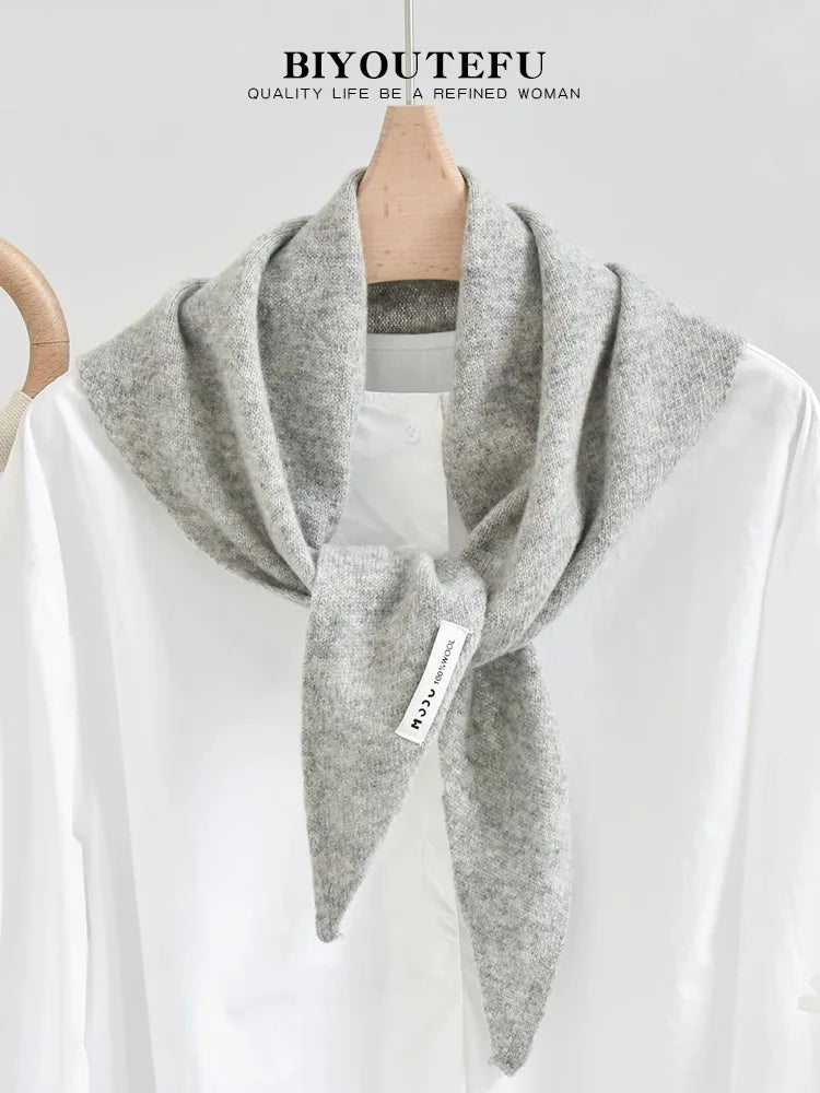 100% Australian Wool Knitted Triangle Scarf Shawl Women's Autumn  Winter Warm Neck Protection Scarf Decorative  Small Scarf