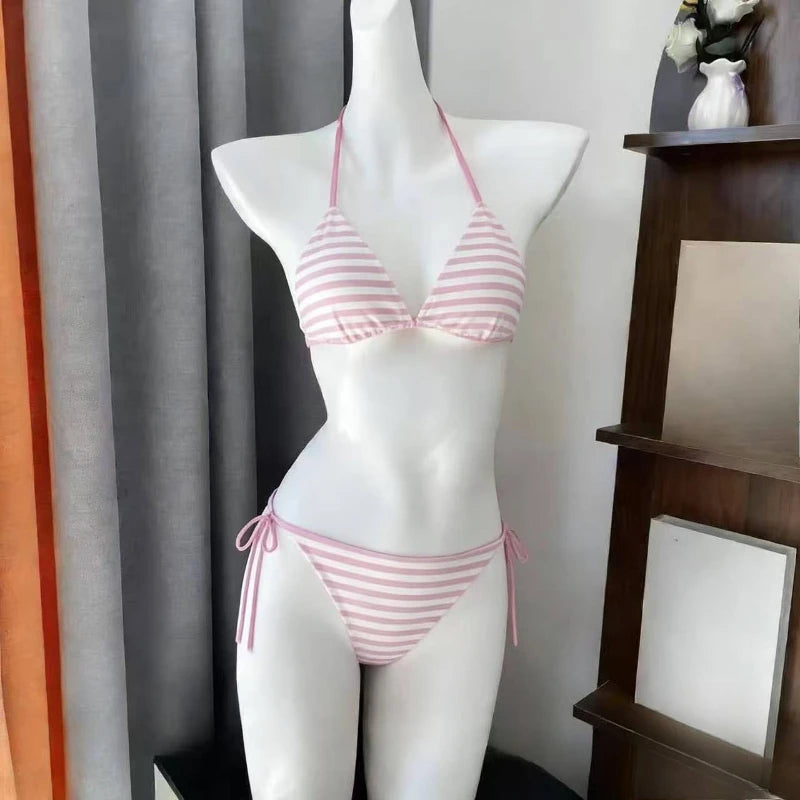 Japanese Style Kawaii Girls Swimsuit Sweet Printed Halter Bikini Swimsuit Women Ruffle Bikini Set Bather Bathing Suit Swim
