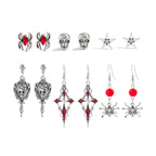 Ingemark 6Pairs/Set Halloween Red Crystal Skull Spider Metal Drop Earrings for Women Goth Cross Rose Piercing Earrings Jewelry