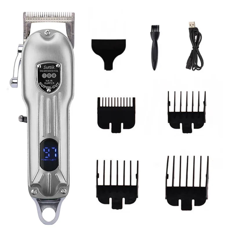 Hair trimmer set with attachments on a white background