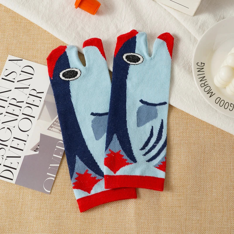 Women's Funny Cute Split Toe Socks Cartoon Shark Whale Printed Ankle Socks Soft Comfortable Breathable Short Socks for Students