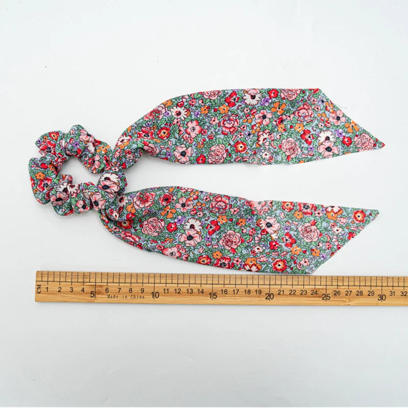 Fashion Flower Print Bow Satin Long Ribbon Ponytail Scarf Tie Scrunchies Women Girls Elastic Bands Hair Accessories