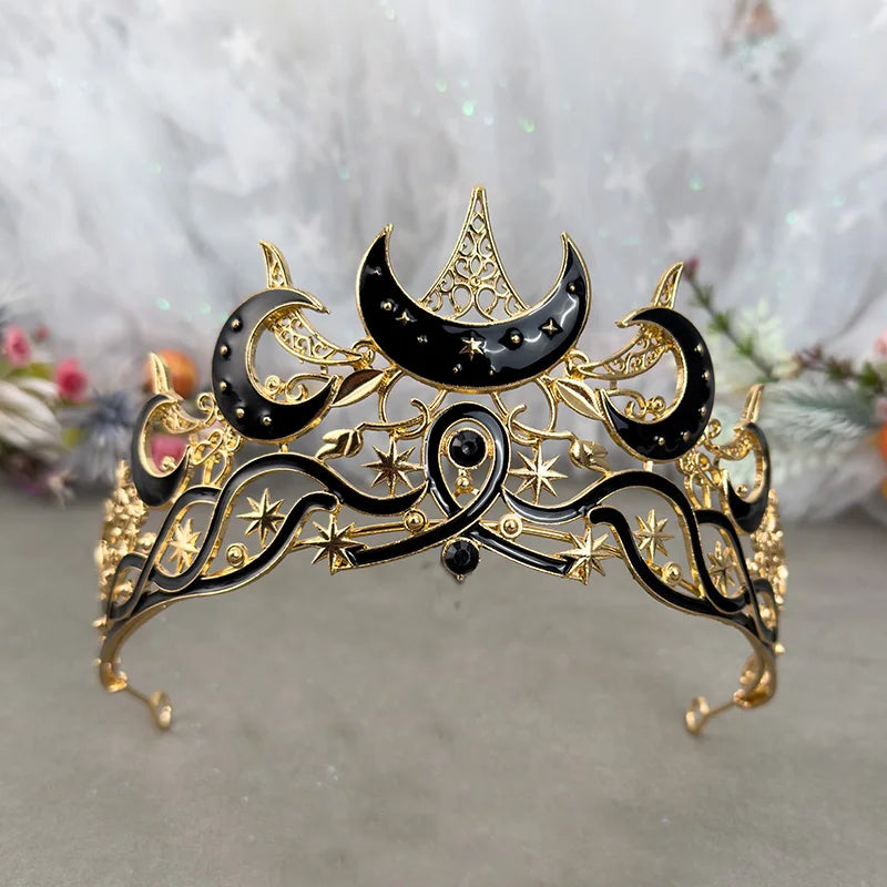 Gothic Black Moon Tiara Dark Queen Crown for Women Baroque Celestial Star Headpiece Vintage Cosplay Halloween Wedding Party Acce