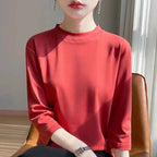 Summer And Autumn New 100% Cotton T-shirt Women's Semi-High-Necked Cropped Sleeves Loose Solid Color Bottoming Top