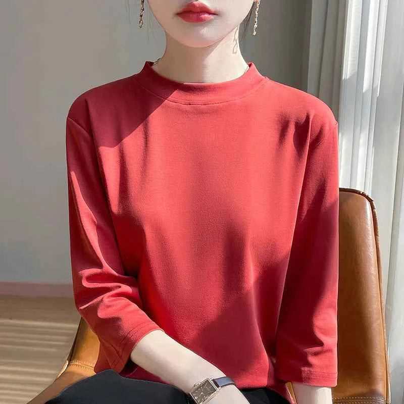 Summer And Autumn New 100% Cotton T-shirt Women's Semi-High-Necked Cropped Sleeves Loose Solid Color Bottoming Top