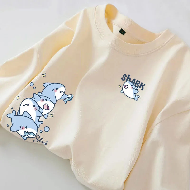 Cartoon Shark Print Simple Casual Loose Versatile Summer Short Sleeved T-shirt