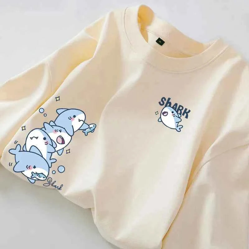 Cartoon Shark Print Simple Casual Loose Versatile Summer Short Sleeved T-shirt