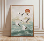 Japanese Crane Wall Art Red Sun Pine Tree Vintage Poster