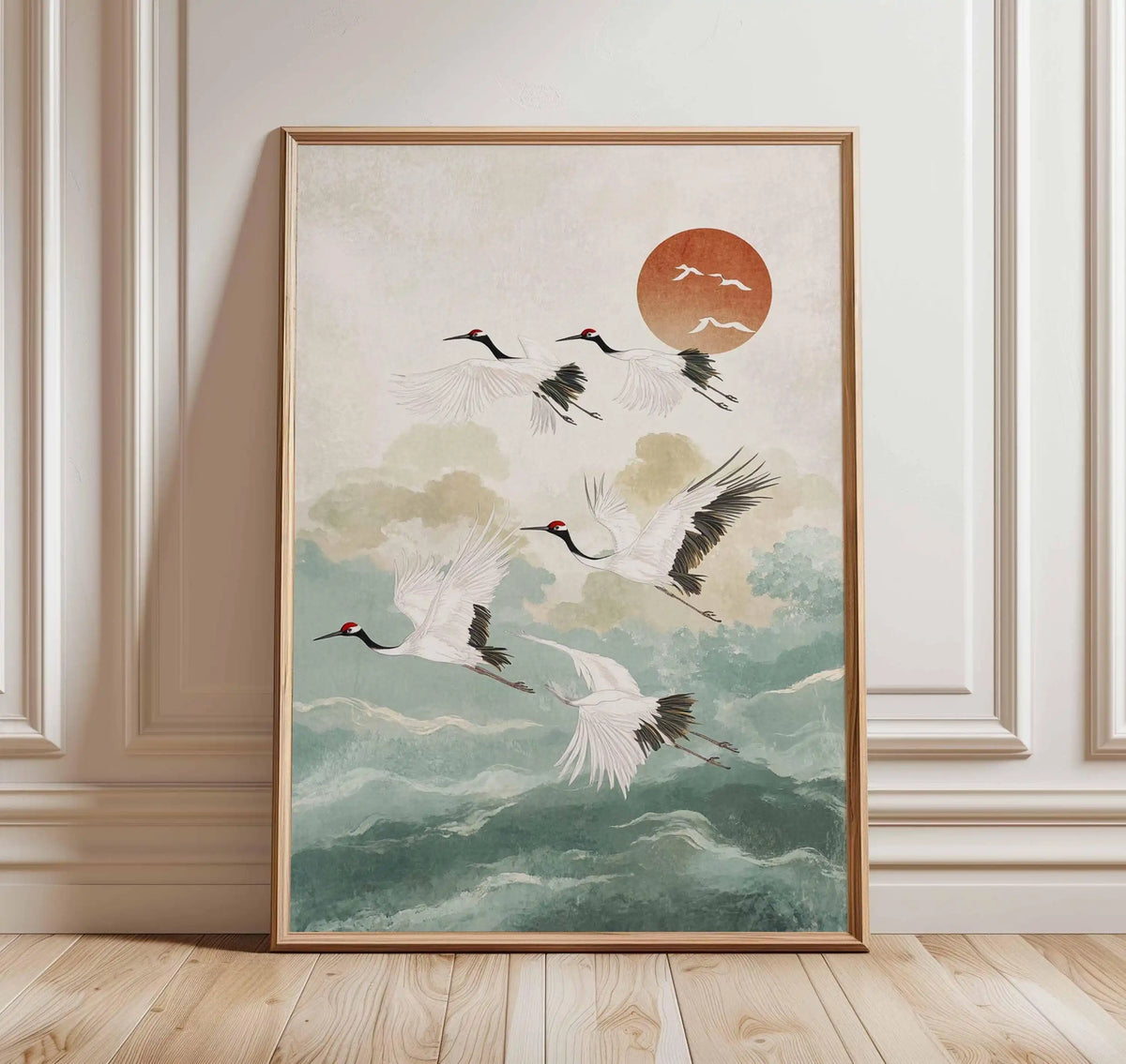 Japanese Crane Wall Art Red Sun Pine Tree Vintage Poster