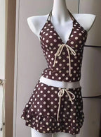 Women Y2k Sweet Bikini Set Japanese Kawaii Print Ruffles Lolita Swimsuit Crop Top + Skirt Two Piece Swimwear Beach Wear