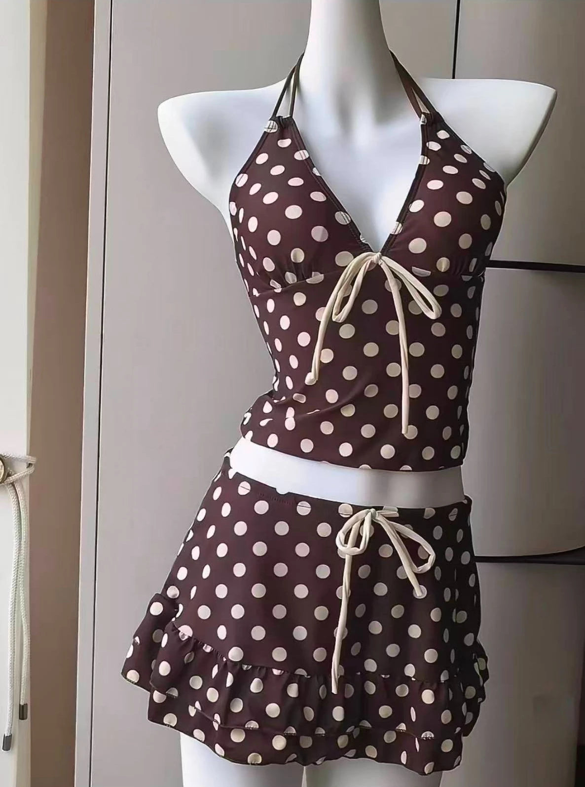 Women Y2k Sweet Bikini Set Japanese Kawaii Print Ruffles Lolita Swimsuit Crop Top + Skirt Two Piece Swimwear Beach Wear