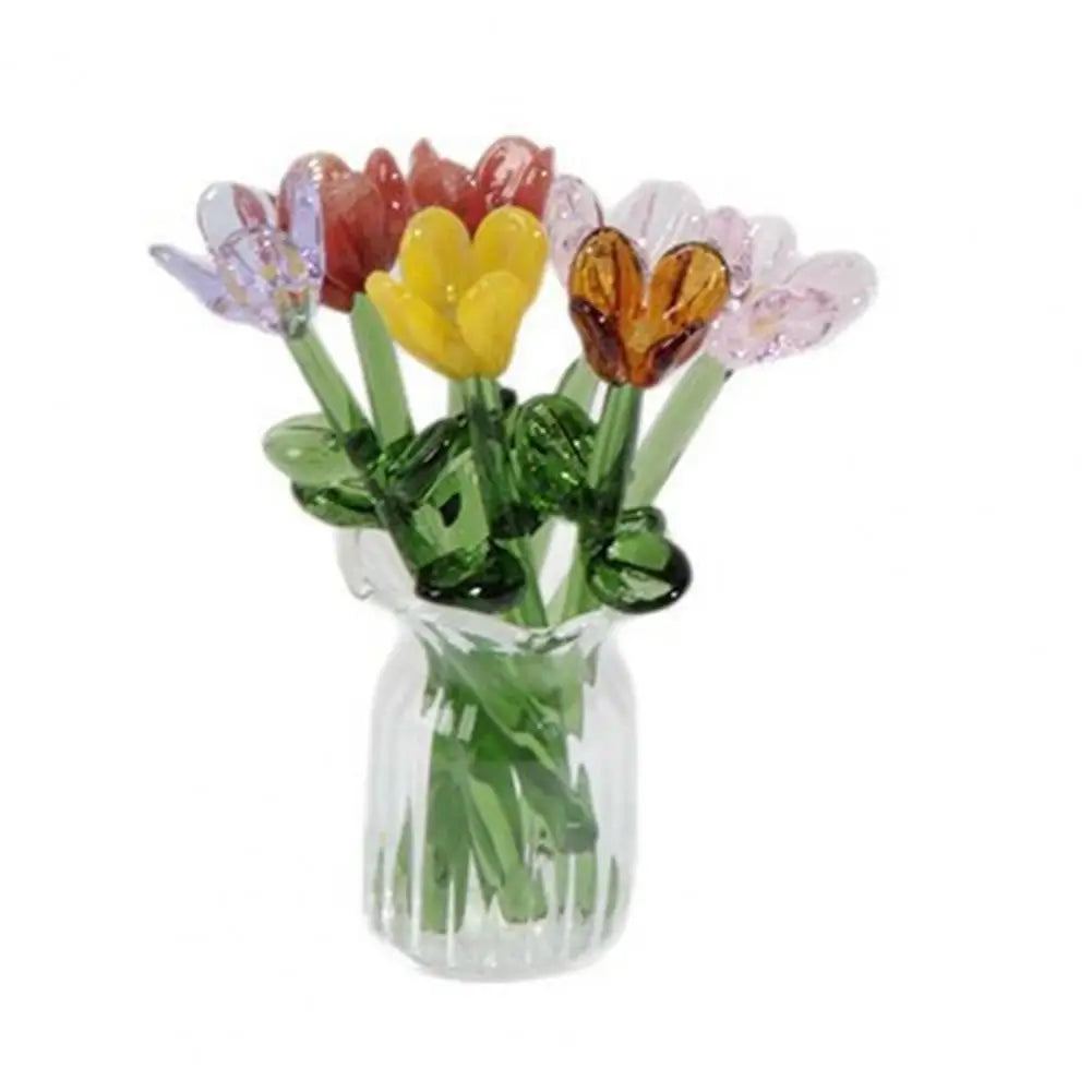 Glass Flower Decor Handcrafted Floral Sculpture Hand-blown Glass Flower Bouquet with Vase Mini Floral Decoration for Home Room