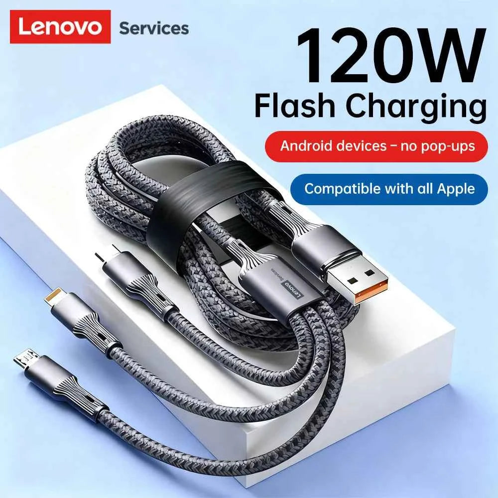 Lenovo 6A 120W 3 in 1 USB Type C Cable Fast Charge Phone Charger Data Cord For iPhone Xiaomi Huawei Quick Charge Micro USB Wire
