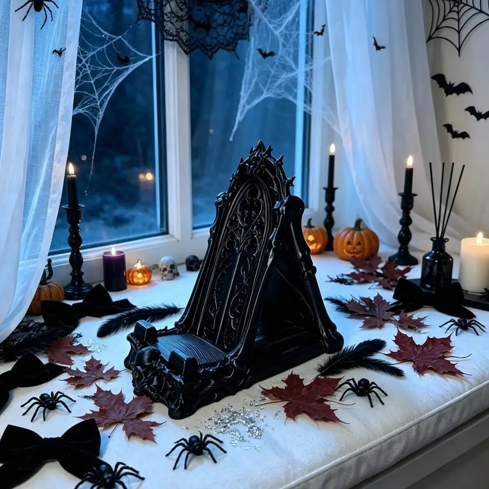 3D Printed Gothic Tracery Window Phone Stand, Dark Skull Ornament for Halloween, Desktop Holder for Phone & Tablet