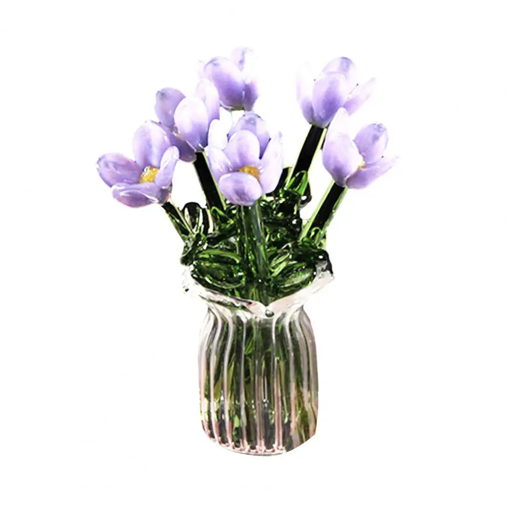 Glass Flower Decor Handcrafted Floral Sculpture Hand-blown Glass Flower Bouquet with Vase Mini Floral Decoration for Home Room